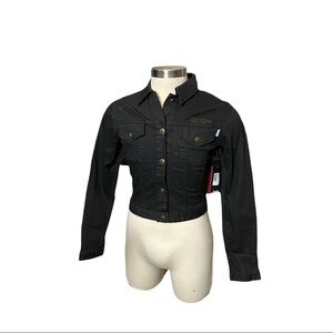 UFC Black Wash Denim Cropped Gold Snap Button-Front Jean Jacket Women Large NWT